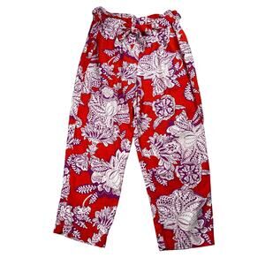 Calligraphie Pants Womens Medium Red Purple Floral Linen Blend Tie Waist Cropped
